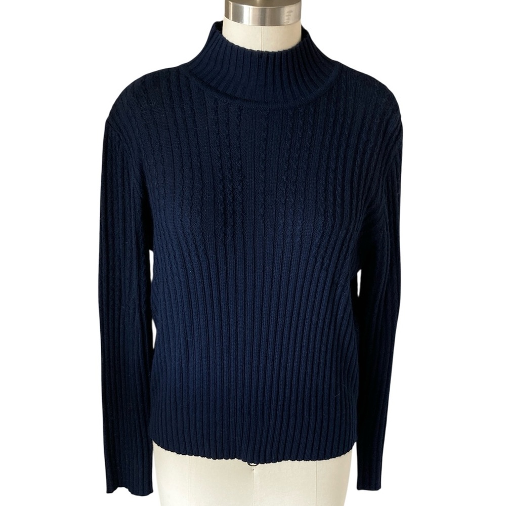 Evan Picone Navy Cable and Ribbed Knit Mock Turtleneck Sweater
